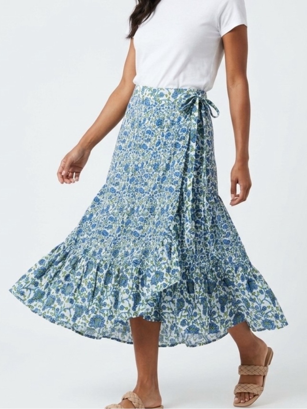 SUNDANCE | Blue Floral Cotton A Line Poplin Wrap Skirt | P8